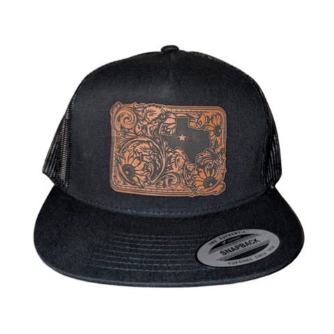 Black yupoong 6006 snapback with leather patch tooled around texas symbol 