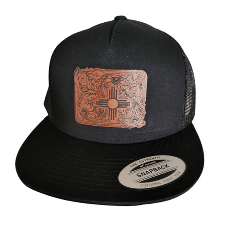 Yupoong 60006 in black leather tooled  mew mexico zia patch 