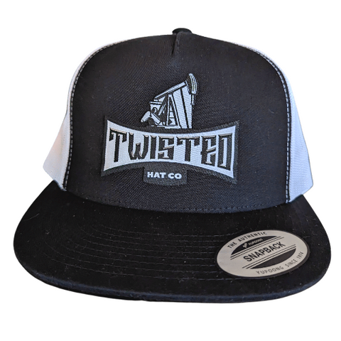 black and white yupoong 6006 snapback with woven oilfield patch 