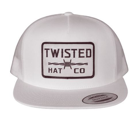 White yupoong 6006 snapback woth woven barb wire patch 