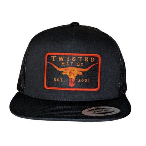 Black Yupoong 6006 with woven sunset bull skull patch 